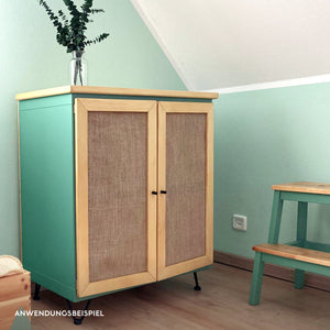 IKEA Kallax MakeOver mit grüner Möbelfarbe „Salbei“ und DIY-Türen auch Holzrahmen und Jute